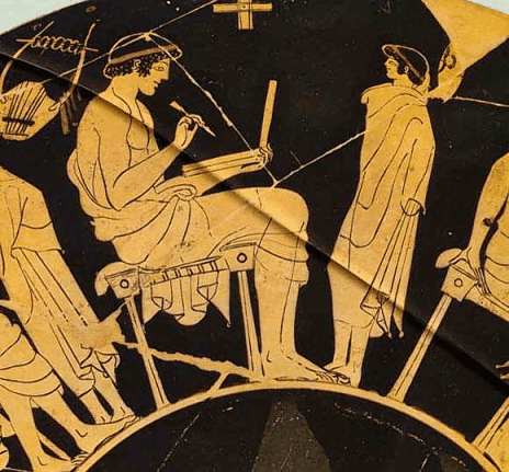 Greek vase painting showing teacher and student