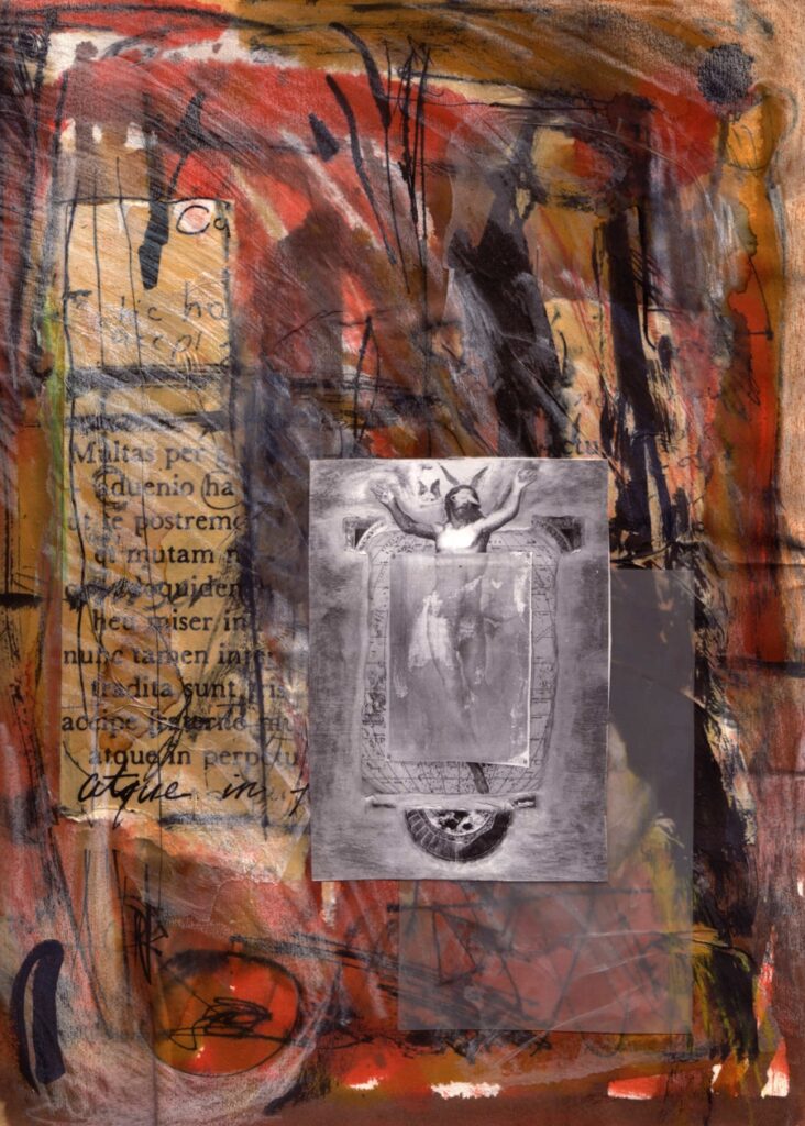 mixed media collage with latin text